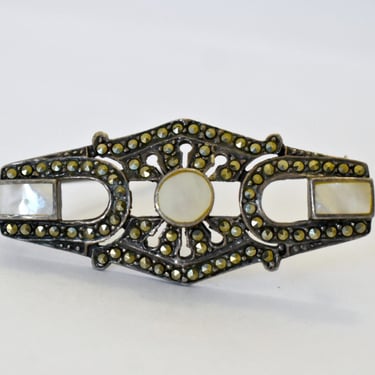 40's Art Deco sterling Mother of Pearl pyrite geometric brooch, MOP marcasite 925 silver horseshoe shield pin 