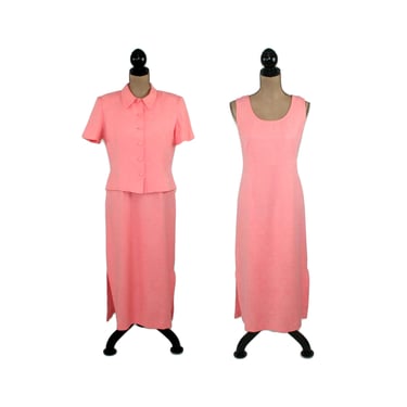 M 90s Two Piece Set, Long Rayon Maxi, Petite Medium Dress & Jacket,  Salmon Pink Spring Summer , 1990s Clothes Women Vintage KARIN STEVENS 