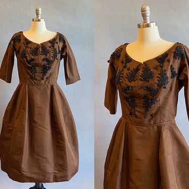 1950s "New Look" Dress / 1950s Party Dress / 50s Beaded Dress / 1950s Cocktail Dress / 50s Silk Dress / Size Medium Size Large Size M/L 