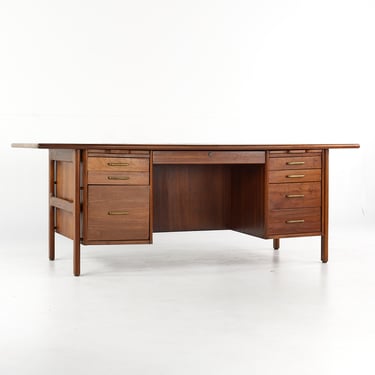 Jens Risom Style Mid Century Walnut Executive Desk with Metal Drawer Pulls - mcm 