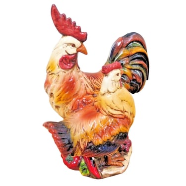 Vintage Ceramic 2 Chickens Rooster Painted Statue Figurine 14” Tall Italian 