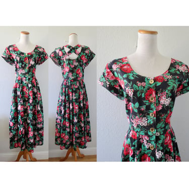 Vintage Cotton Floral Midi Dress - 80s Colorful Garden Party Sundress - Size Medium / Large 