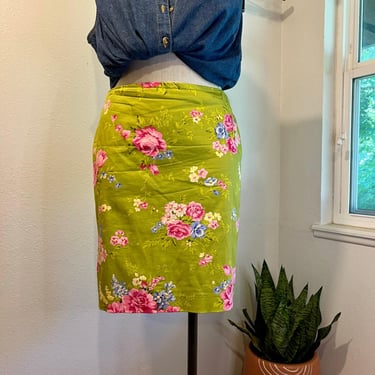 Vintage Cotton Jones New York Lime Green Rose Floral Print Mini Skirt Size 12 