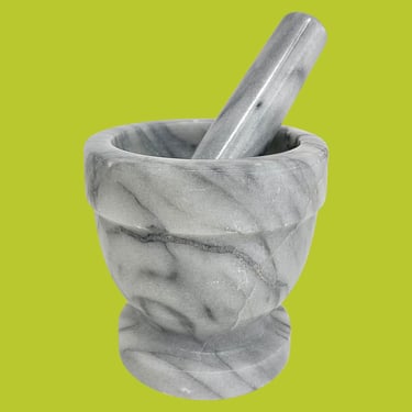 Vintage Mortar and Pestle Retro 1980s Contemporary + White and Gray + Marble + Two Piece Set + Spice Grinder + Apothecary + Kitchen Decor 