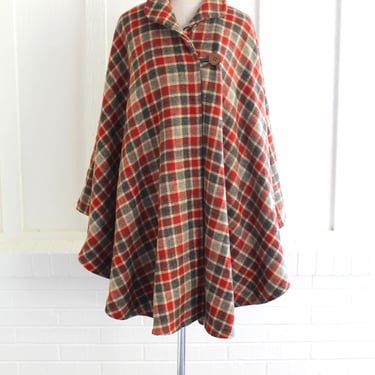 Wool Plaid Cape - 1960-70s - Fully Lined - Browns, Rust Orange - One size fits most 