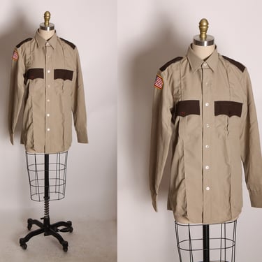 Deadstock 1970s Tan and Brown Long Sleeve Button Up Uniform Ranger USA Button Down Shirt by Horace Small -M 