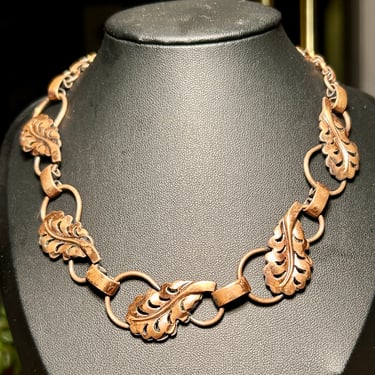Vintage Copper Choker  Necklace Leaves Nature Motif Retro Estate Jewelry 