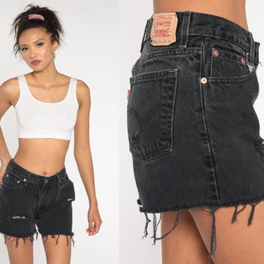 Black Levis 550 Shorts Y2K Denim Cut Offs Ripped Cutoff Jean Shorts Frayed Mid Rise Waisted Summer Festival Vintage 00s Medium 30 