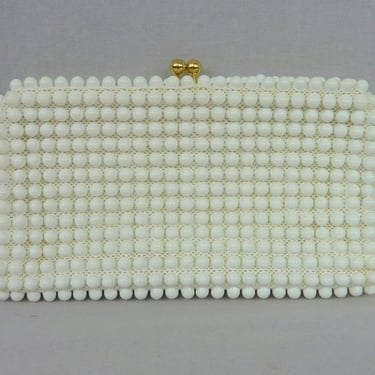 Vintage White Plastic Bead Clutch - Gold Toned Metal Hardware - Grandee Bead Purse Pocketbook Bag 