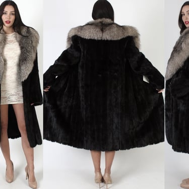 Full Length Dark Brown Mink Coat / Silver Arctic Fox Collar Overcoat / 80s Mahogany Shawl Collar Maxi Jacket 