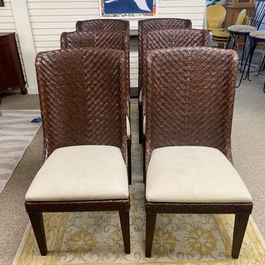Set of 6 Painted Wicker Dining Chairs in Brown with Beige Seats
