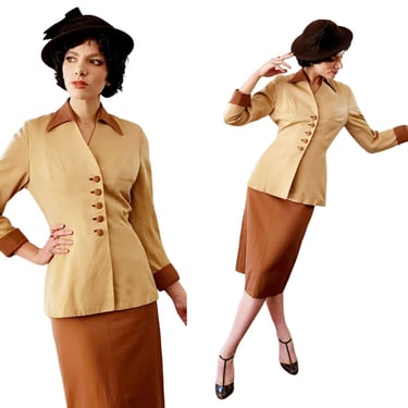 Vintage 40s Skirt Suit Beige Tan Gabardine Wool Large Collar 