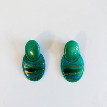80s Glossy Green Gold Painted Enamel Oval Drop Earrings 