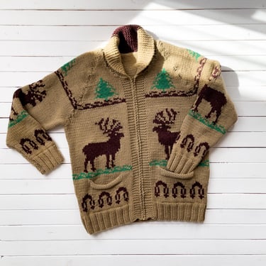 wool cowichan sweater 60s 70s vintage deer stag brown heavy hand knit cardigan 