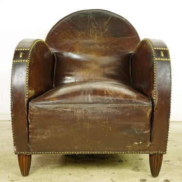 European Art Deco Cow French Leather & Wood Club Chair