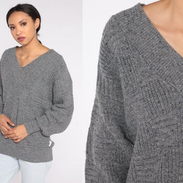 Pierre Cardin Sweater 90s Grey Textured Knit Sweater Grunge Slouchy Pullover Jumper V Neck Plain Basic Boho Retro Vintage 1990s Mens Small S 