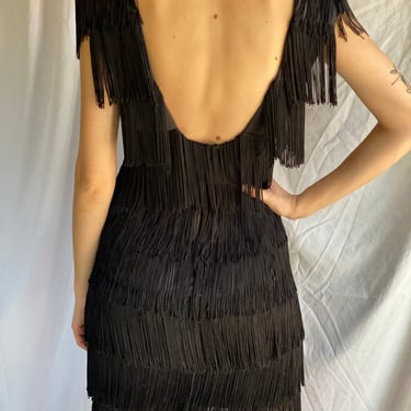 Fringe Party Dress / Avant Garde Black Party Dress / Cocktail Dress / Holiday Party Mini Dress / 1980's Dress / Scoop Open Back Dress 