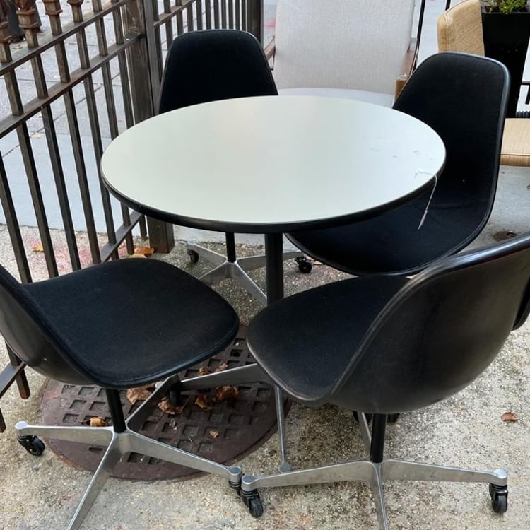 Herman Miller Five piece set. Table 30”round 29”tall. Chairs 32.5”x15” 