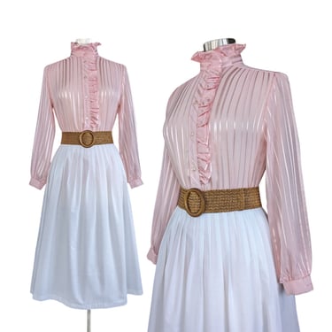 Vintage Ruffled Prairie Blouse, Small Medium, High Neck Button Blouse, Jacquard Stripe Pink Pioneer Blouse 