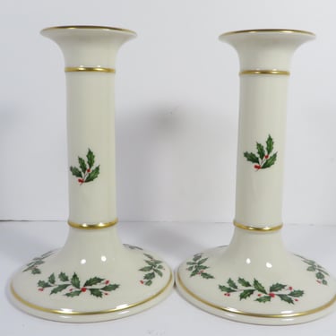 Vintage Lenox Holiday Holly Collection Candle Holders - Lenox Ivory Gold Holiday Candlestick Holders 