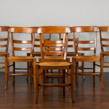 Antique Country French Ladder Back Maple Rush Dining Chairs - Set of 8 