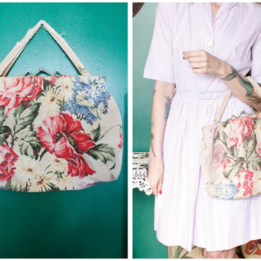 1940s Handbag // Floral Barkcloth Purse // vintage 40s handbag 