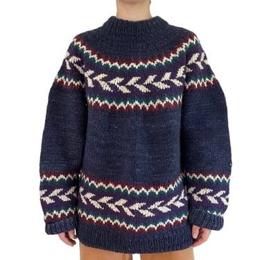 Vintage Fair Isle Wool Chunky Hand Knit Oversized Sweater Sz XL Made in Ecuador 