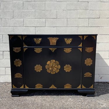 Vintage Asian Dry Bar Server Cabinet Chinoiserie Brass Black Chest Asian Console Dry Bar Cabinet Storage Mid Century CUSTOM PAINT AVAIL 