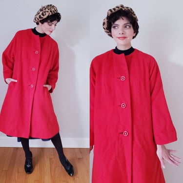 1950s Red Wool Swing Coat / 50s Button Down Coat Lepp & Co / Plus size Vintage XL 