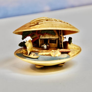 Vintage Celluloid Diorama Clam Shell Asian Home River Boat Tree Water Wheel Intricate Carved Detail Collectible Home Office Decor 