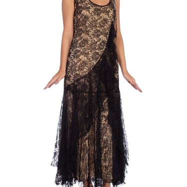 1920S Black Silk Chantilly Lace  Flowy Cocktail Dress With Original Slip And Flower Corsage 