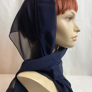 40’s 50’s Silk scarf~ hand rolled head scarf shawl pussycat bow~ hair wrap 100% silken crepe Navy blue timeless large rectangular 