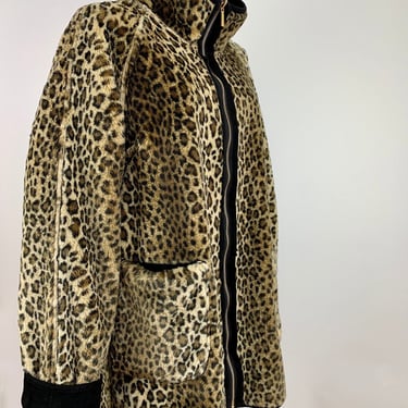 1990's Reversible Faux Leopard Coat - Plush Faux Fur - Reverses to Black Faux Suede - Patch & Zip Pockets -  Women's Size Large 
