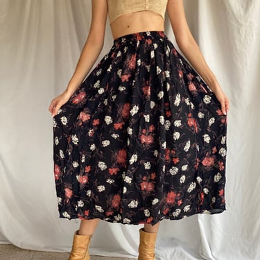 Vintage Midi Skirt / Black Floral Crinkle Rayon Skirt from the 90's / Printed Midi Skirt / Elastic Waistband Nineties Skirt 