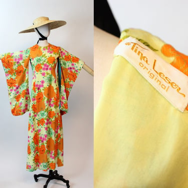 1960s TINA LESER hawaiian KIMONO sleeve dress xs | new spring summer 