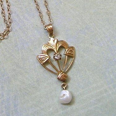 Antique 10K Gold Lavaliere Pendant With Diamond and Pearl, Antique Art Deco Gold Lavaliere Pendant, Bridal Jewelry (#4530) 