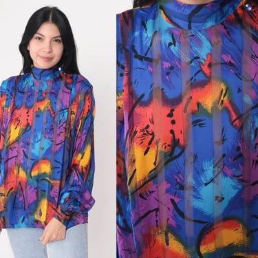 80s Blouse Abstract Print Top Semi-Sheer Striped Mock Neck Shirt Button Shoulder Mockneck Psychedelic Blue Purple Yellow Vintage 1980s Small 