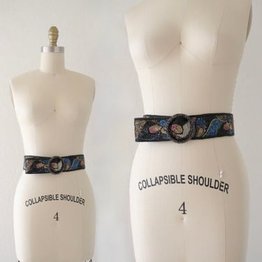 reversible beaded belt - vintage 90s y2k black satin bead womens small medium glam belt 