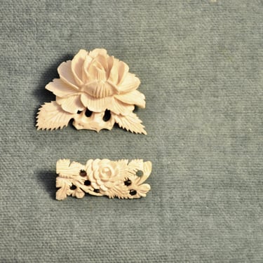 Antique Rose Celluloid Brooches Set Two Brooches Intricate Hand Carved Fine Detail Flower Brooch Rose Brooch Gift for Her Cream Color 