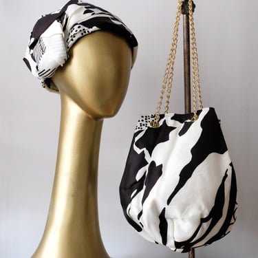 Fantastic 1960's Black & White MOD Matching Cloche Hat and Bag Set by Betmar