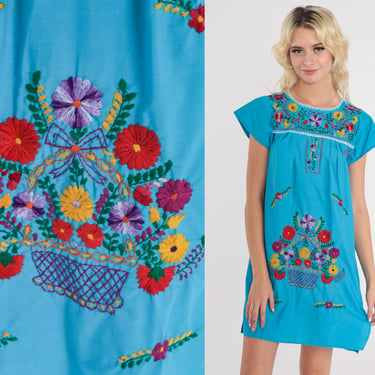 Blue Mexican Dress 90s Floral Embroidered Mini Dress Turquoise Flower Short Sleeve Boho Hippie Puebla Vintage 1990s Extra Small xs 