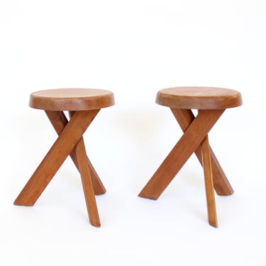 Pierre Chapo Stools Tabourets Pair S31 Elm France c1974 Vintage