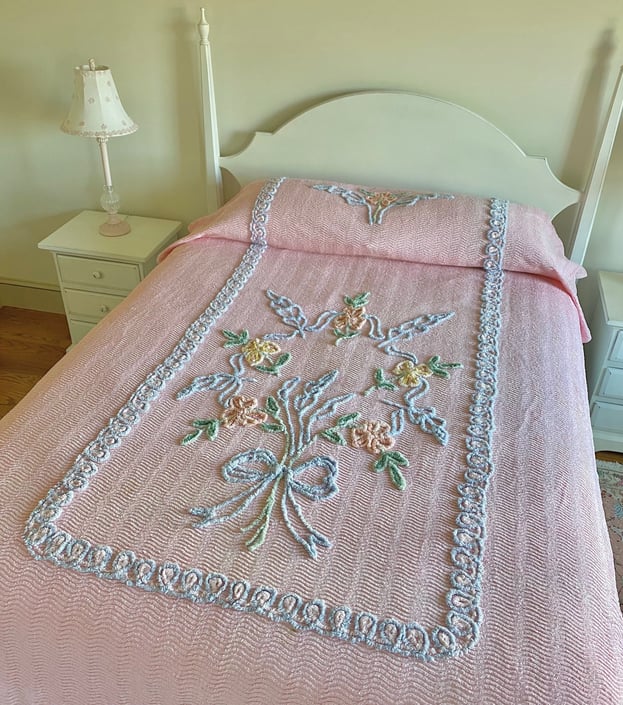 NEW - Vintage Pink Chenille Bedspread, Twin or Full, Shabby Chic Coverlet, Floral Design 