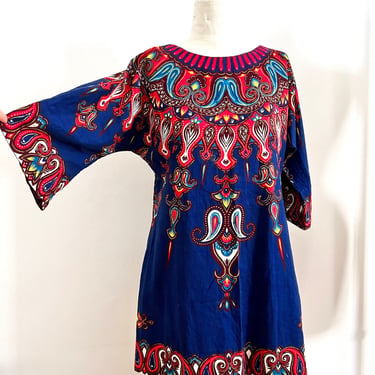 Vintage 70s 60s Dashiki Caftan Dress Navy Blue Cotton Bell Sleeves Small Medium 1960s 1970s Hippie Boho Kaftan Dress 