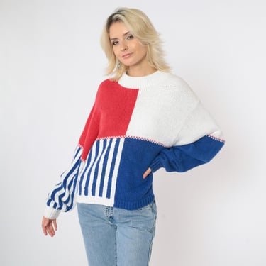 Vintage Color Block Sweater Red White Blue Knit Pullover 90s Striped Ramie Cotton Slouch Retro Crewneck Sweater 1990s Lizsport Medium M 