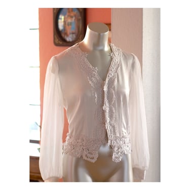 Vintage White Blouse with Lace Trim, Sheer Sleeves, Satin, Tie Back - 1980s - Vintage Top 