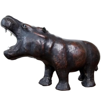 Antique Leather Wrapped Hippo Sculpture 