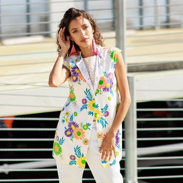 60s Flower Colorful Mod Blouse Vintage Long Sleeveless Print Button Vest 
