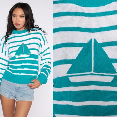 Nautical Sweater SAILBOAT Sweater Striped Print Boat Sweater 80s Sweater Blue White 1980s Vintage Novelty Retro Sailor Cotton Large 