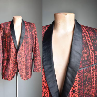 Vintage Hawaiian Print Menswear Blazer / Vintage Red and Black Hawaiian Suit Jacket / Vintage Tiki Party Smoking Jacket Menswear Medium 